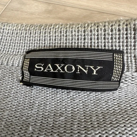 Vintage Saxony Men's Gray Acrylic‎ & Leather Sweater Jacket L Made Hong Kong